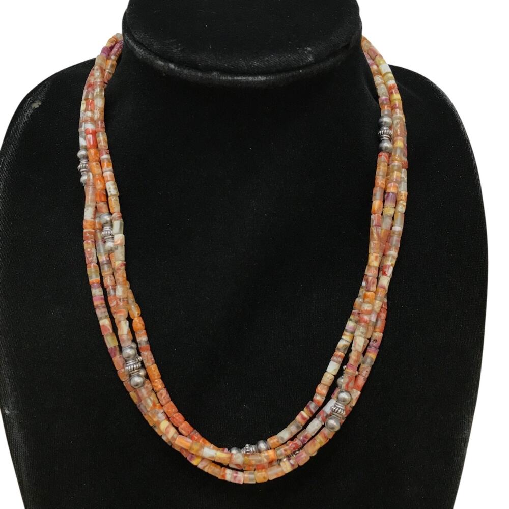 Sterling Silver Southwestern Gemstone Tubular Bead Necklace Statement 68g 23”
